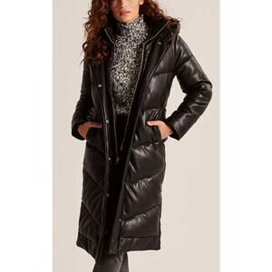 Abercrombie Vegan Leather Hooded Puffer Long Coat Size Small Black Quiet Luxury